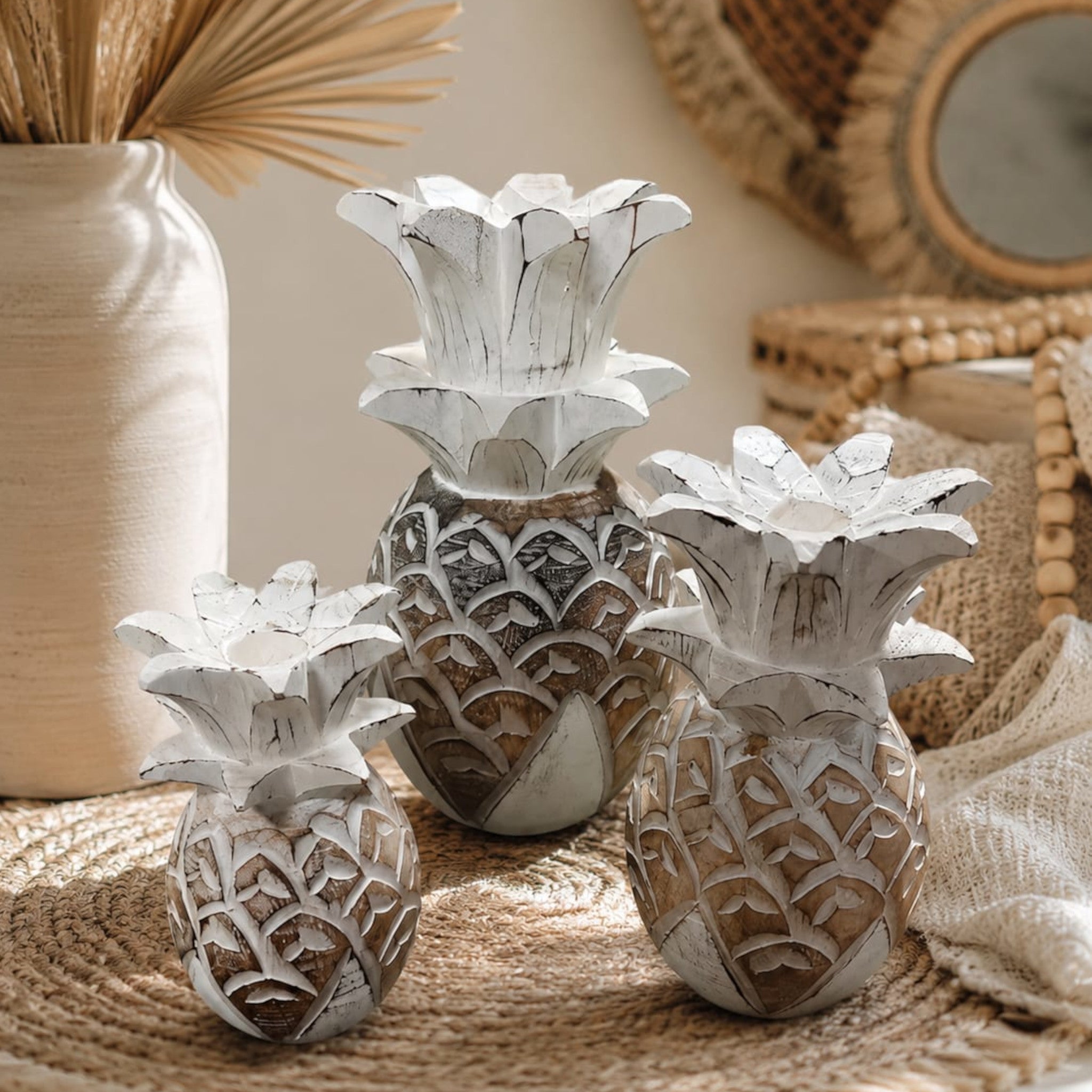 Pineapple Kandelaar Set - Handgemaakt Bali Craft - Wit & Naturel - S / M / L