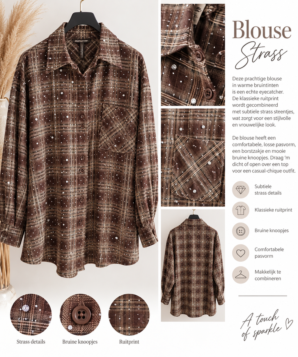 ✨ Strass Blouse – Bruin Geruit