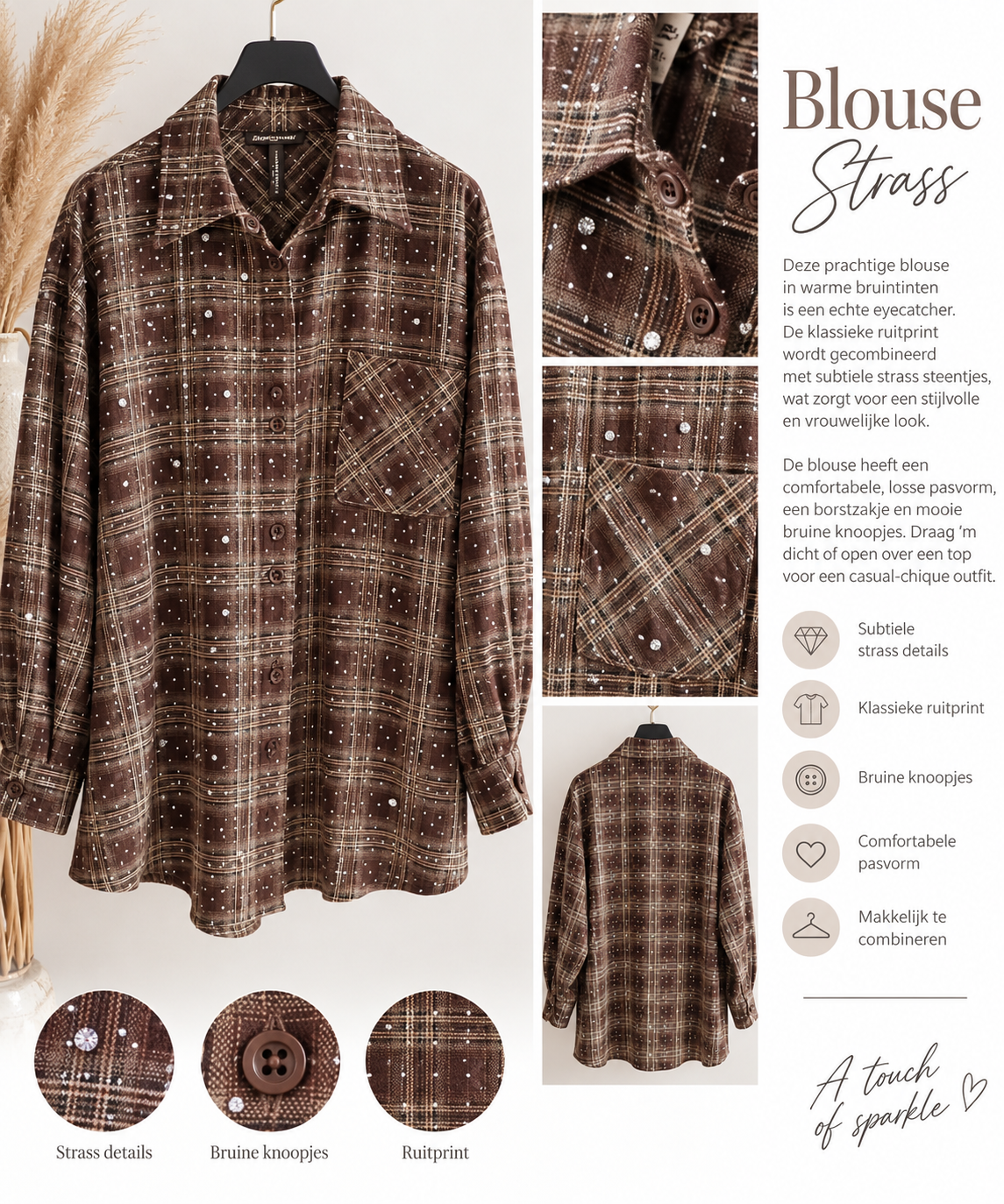 ✨ Strass Blouse – Bruin Geruit
