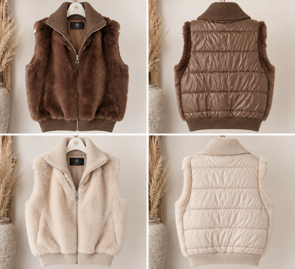 🤎 Fake Fur Bodywarmer – Bruin & Beige