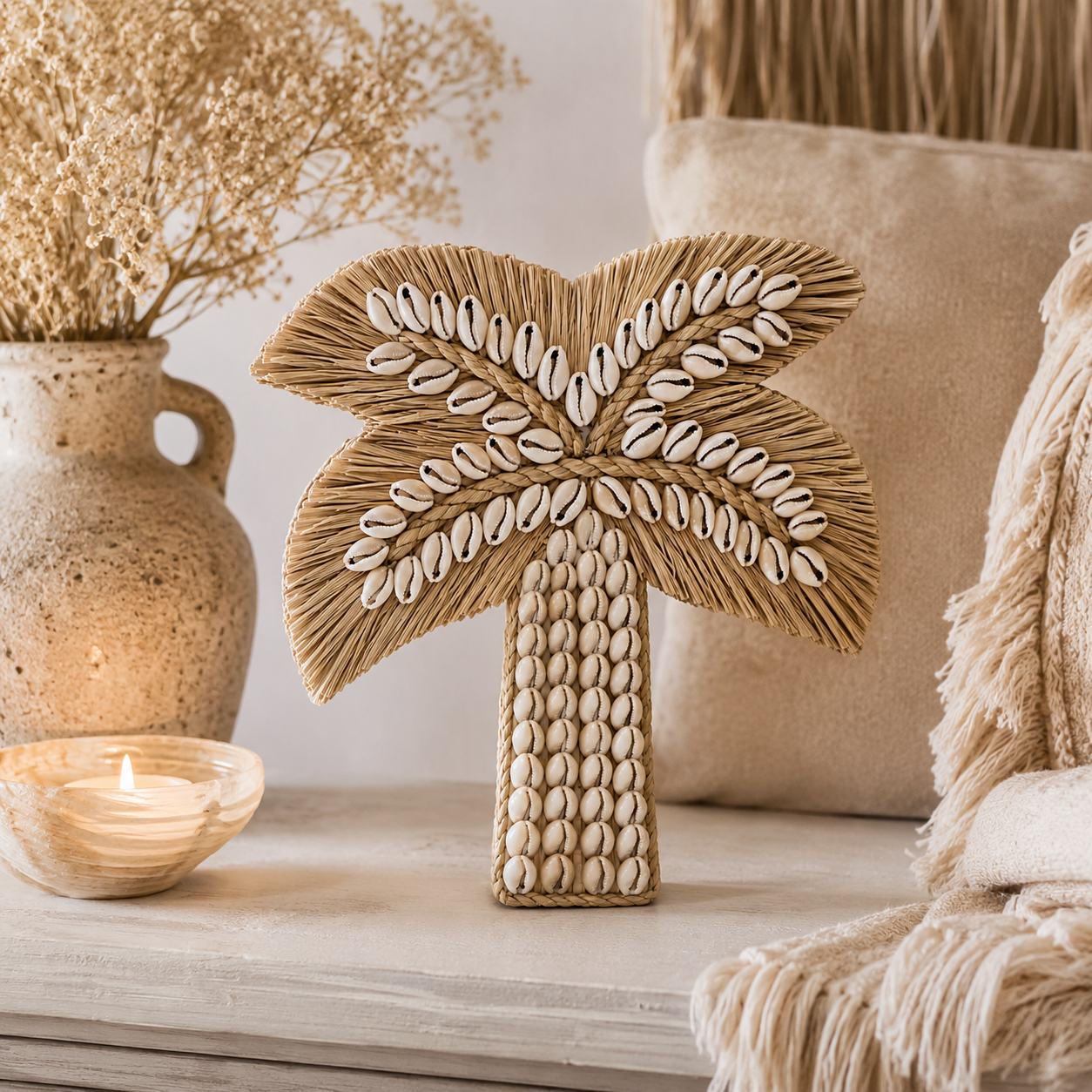 Handgemaakte Palmboom Decoratie - Ibiza Style - Raffia & Schelpen - 21cm