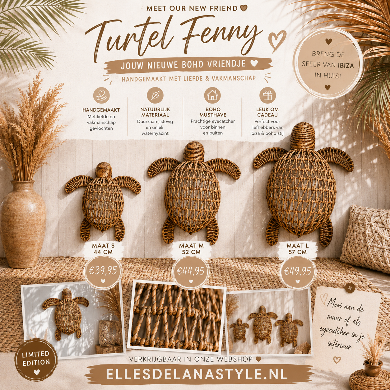 Handgevlochten Schildpad 'Fenny' - Waterhyacint  - Boho Decoratie - Bali