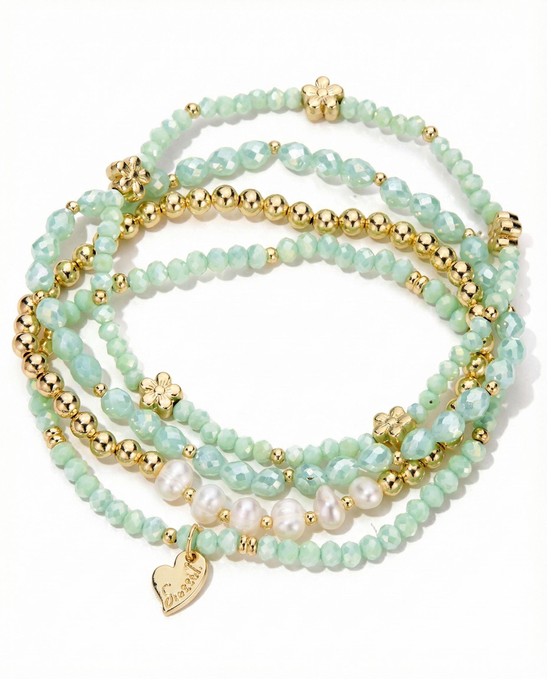 Gouden Armbanden Set met Natuursteen, Parels en Hartje