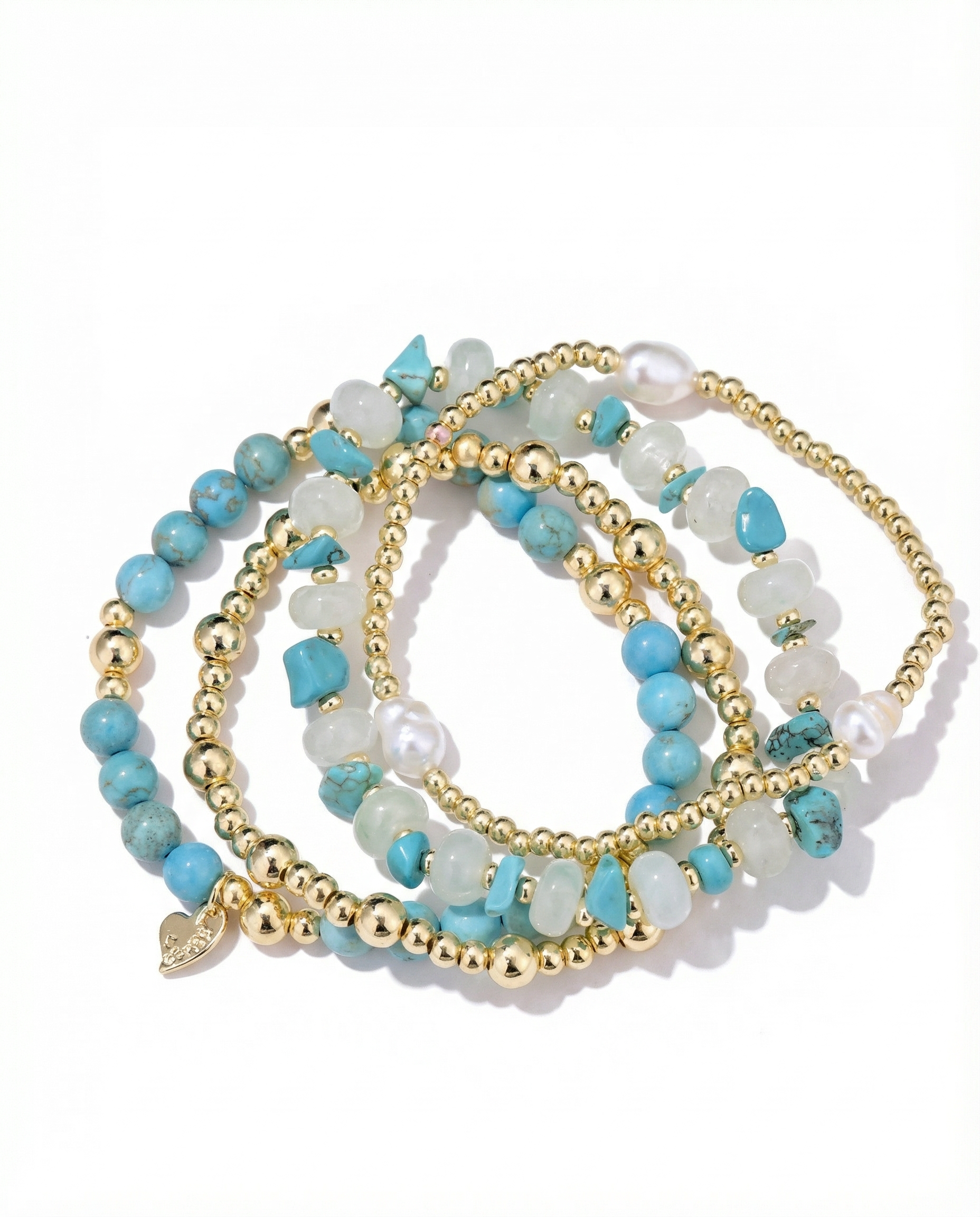 “Gouden Armbanden Set met Turquoise Natuursteen en Hartje”