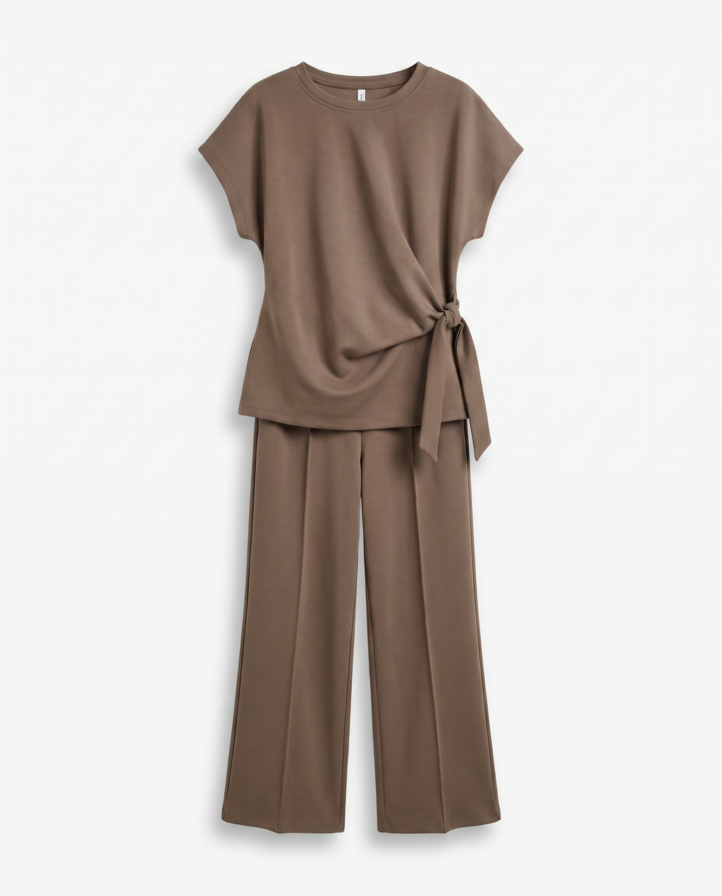 Lieve Twinset – Taupe Pak met Knoopdetail Top en Wijde Broek