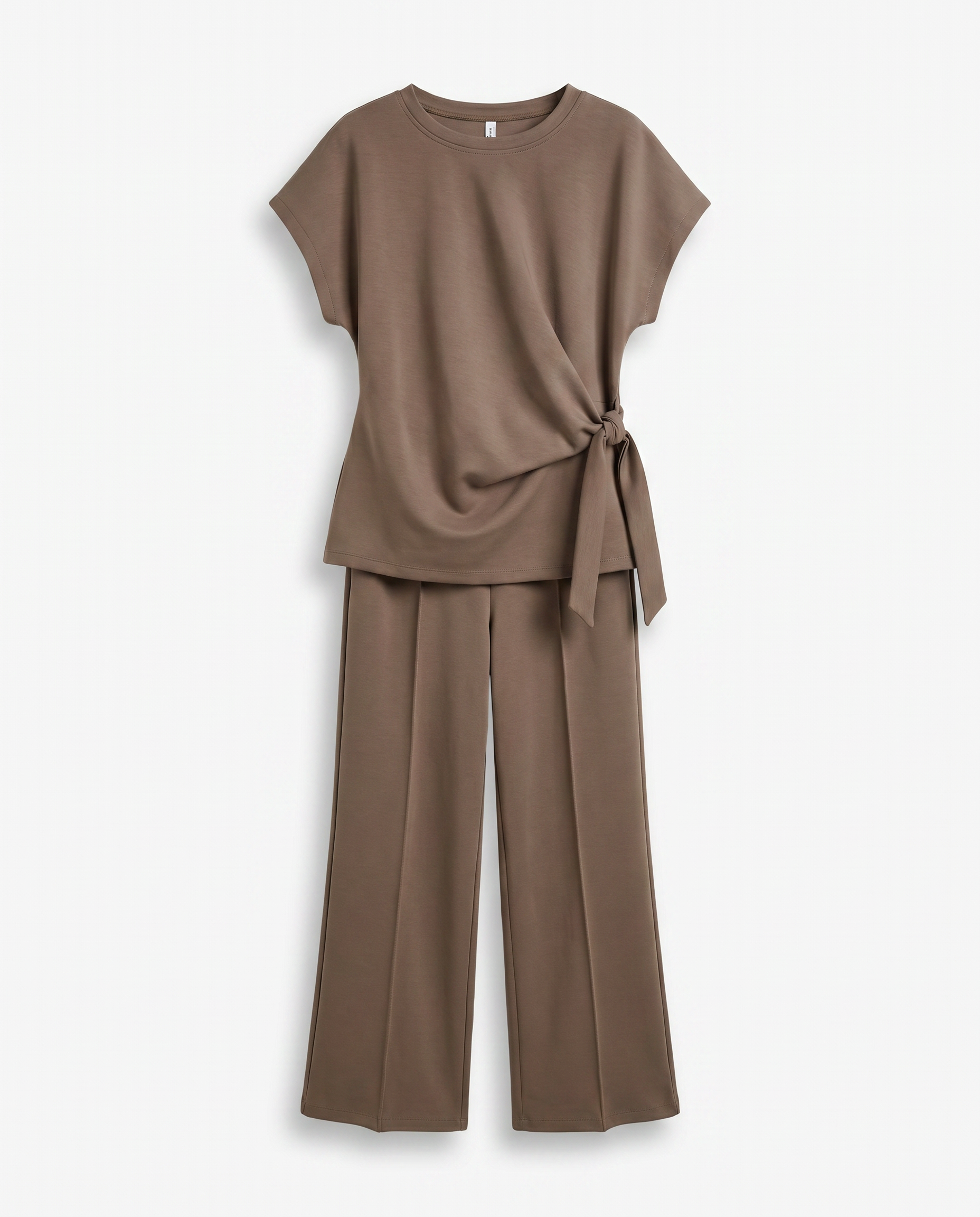 Lieve Twinset – Taupe Pak met Knoopdetail Top en Wijde Broek