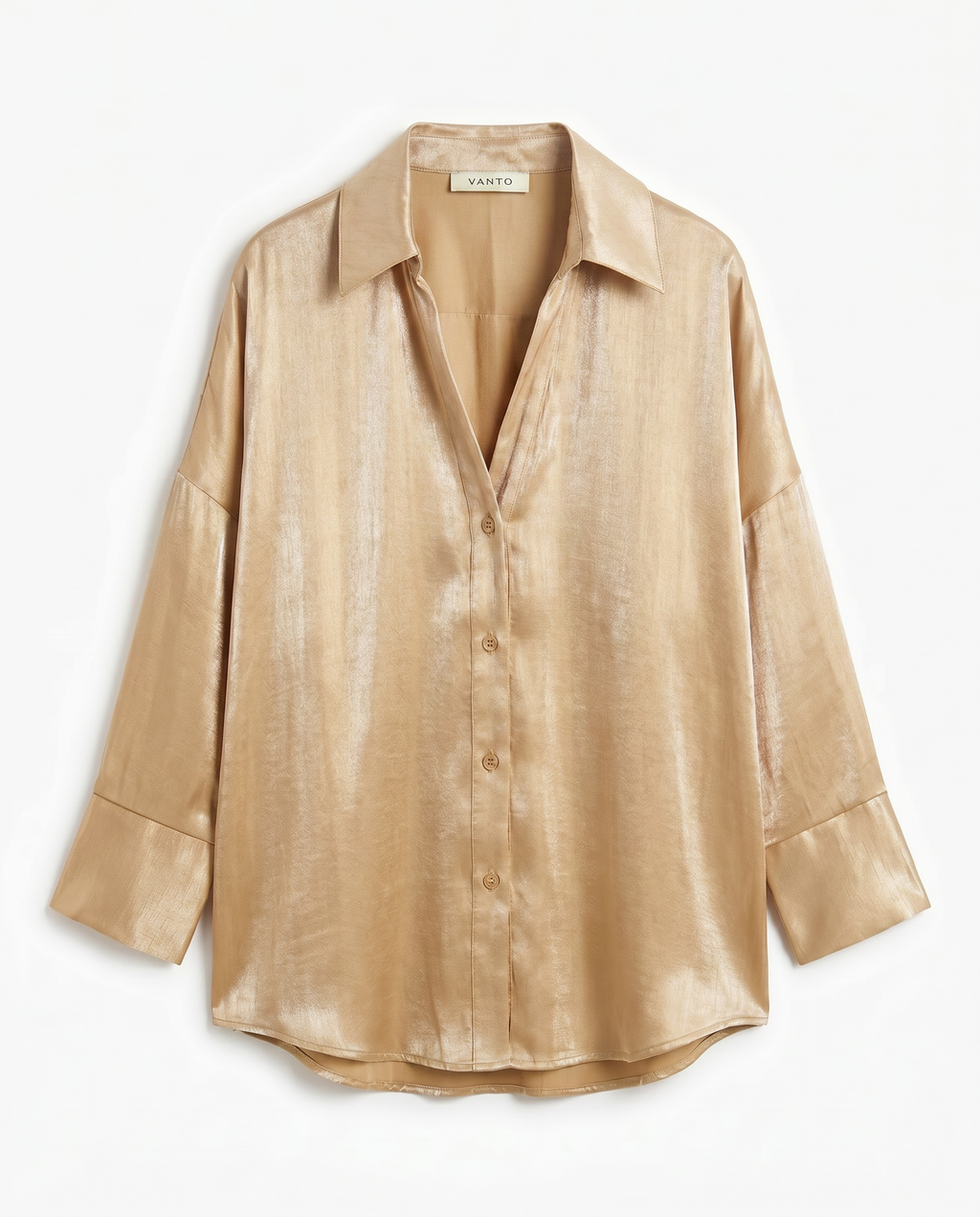 Celine Glanzende Blouse – Gouden Blouse met Knoopsluiting en Volant Mouw