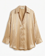 Celine Glanzende Blouse – Gouden Blouse met Knoopsluiting en Volant Mouw