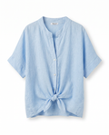Lino Linnen Blouse – Lichtblauwe Blouse met Knoopsluiting en Korte Mouw