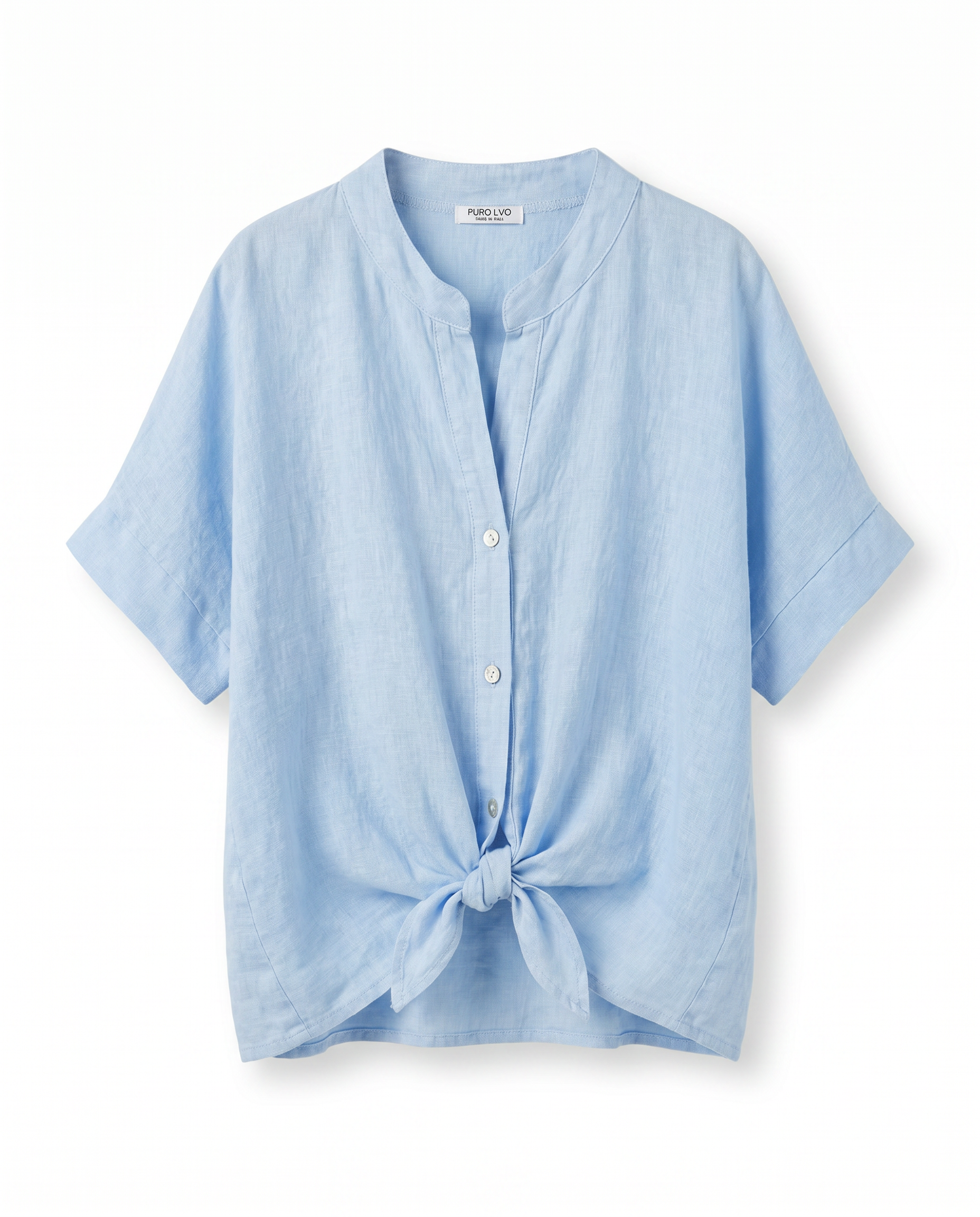Lino Linnen Blouse – Lichtblauwe Blouse met Knoopsluiting en Korte Mouw