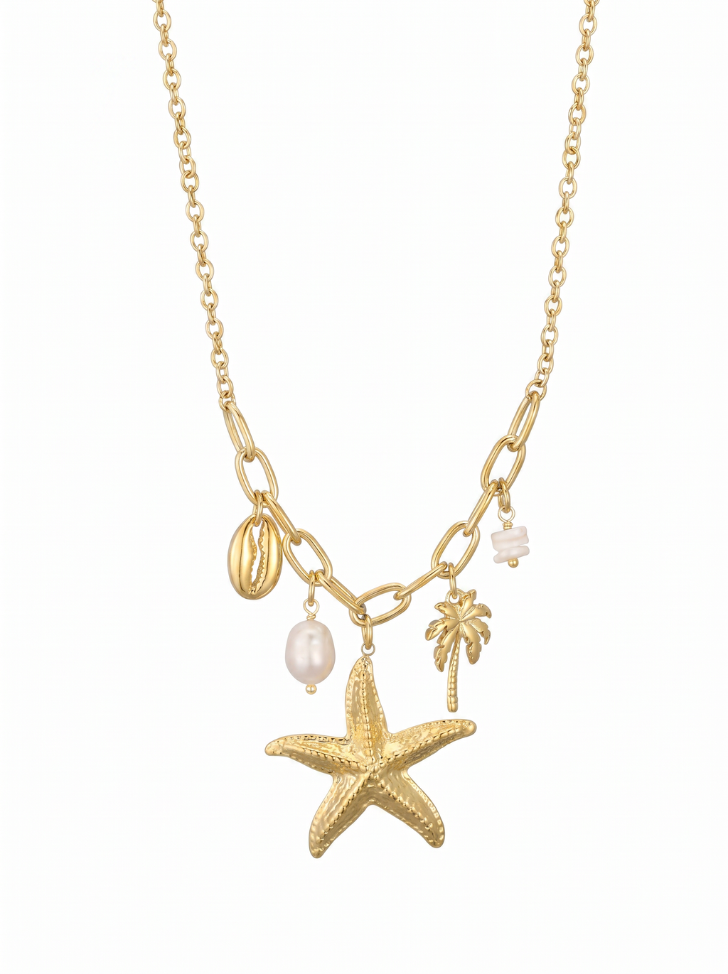 Ketting Goudkleurig met Zeester, Zoetwaterparel & Schelp – Stainless Steel