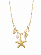 Ketting Goudkleurig met Zeester, Zoetwaterparel & Schelp – Stainless Steel