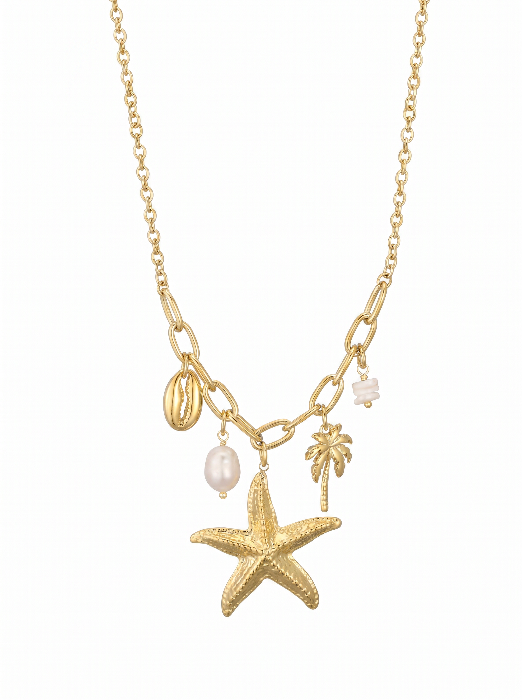 Ketting Goudkleurig met Zeester, Zoetwaterparel & Schelp – Stainless Steel