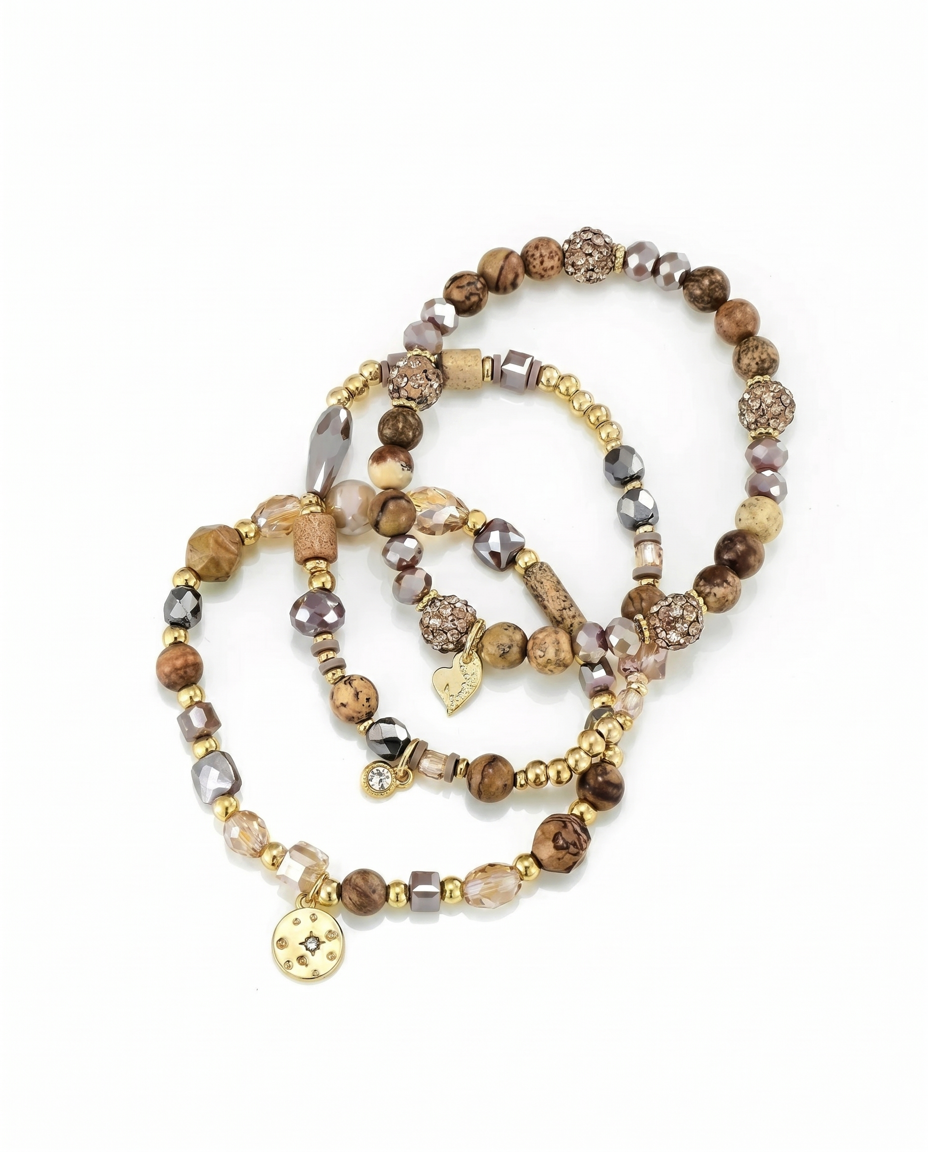 Armbandenset Lina  – Picture Jasper met Glaskralen & Goudkleurige Bedels