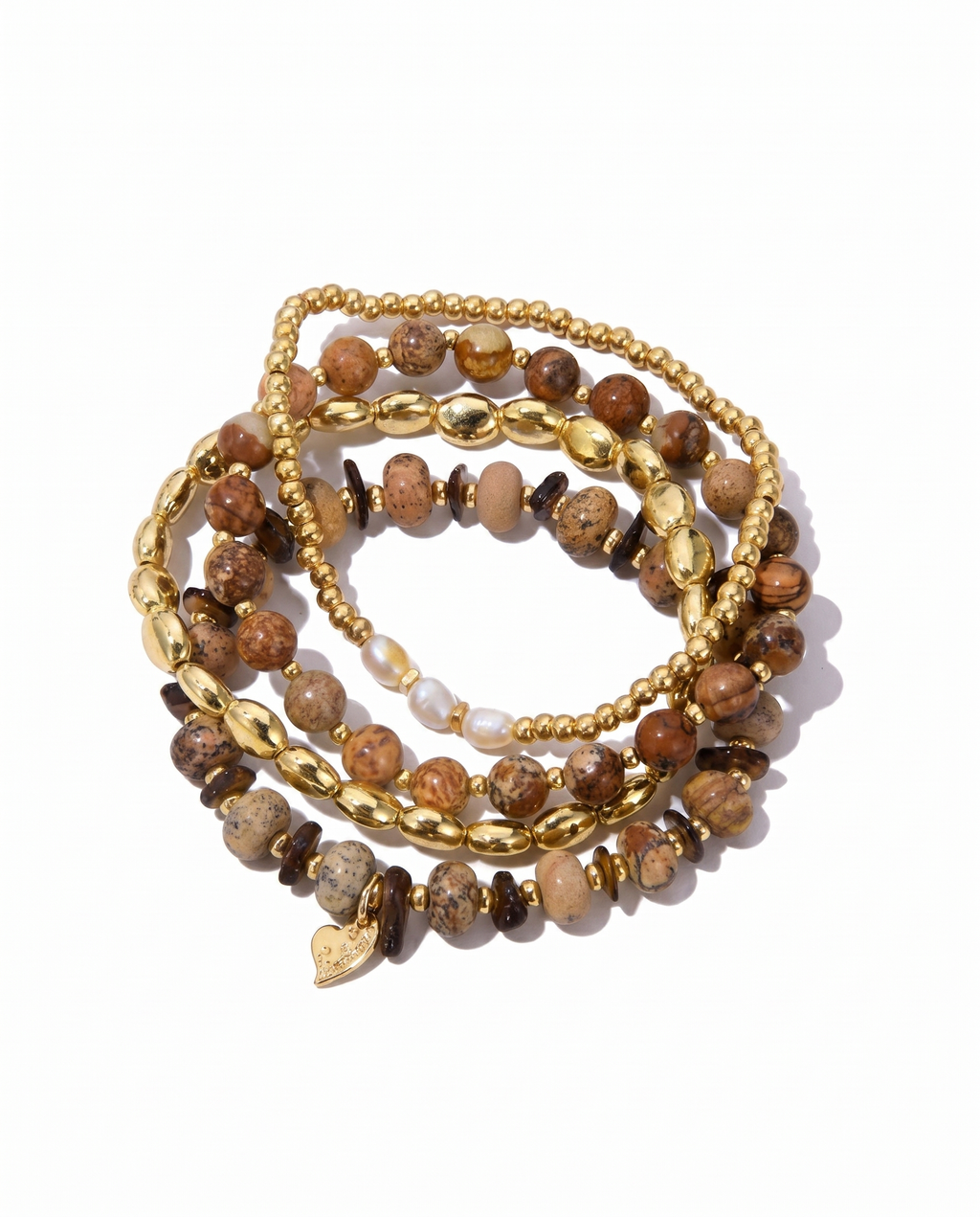 Armbandenset Yara – Picture Jasper, Schelp & Zoetwaterparel met Goudkleurige Kralen