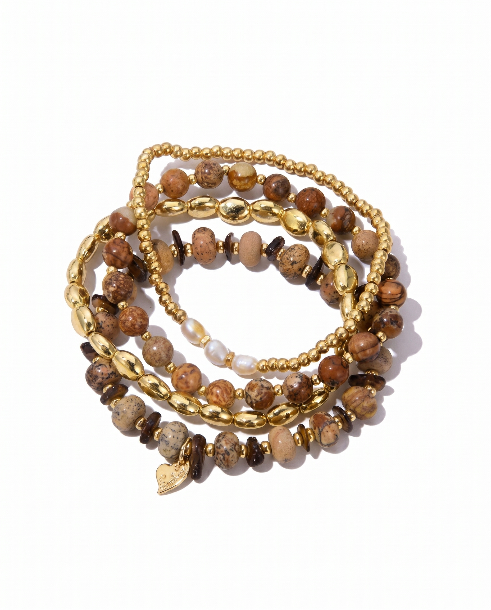 Armbandenset Yara – Picture Jasper, Schelp & Zoetwaterparel met Goudkleurige Kralen