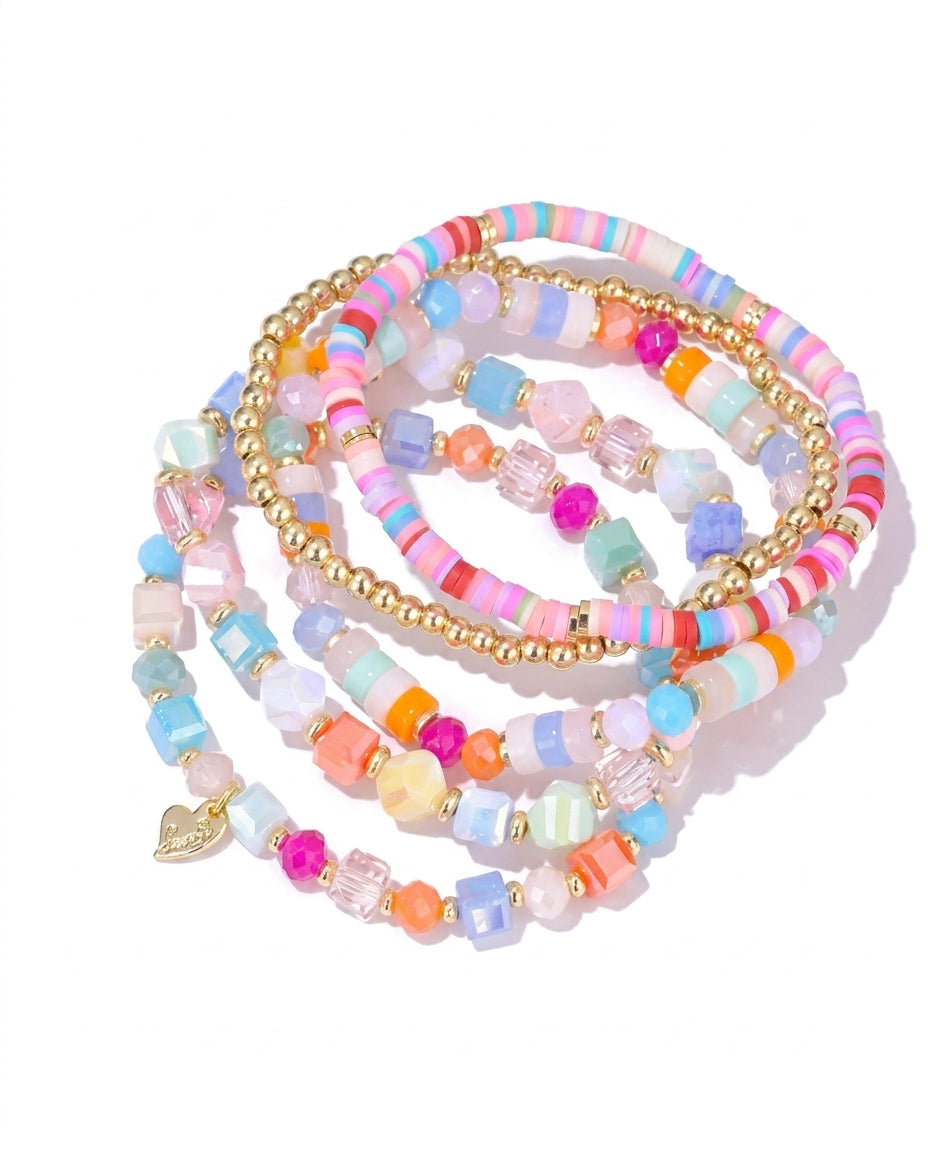 Kleurrijke Kralen Armbanden Set Dames – Stretch Armbanden Multicolor met Gouden Details