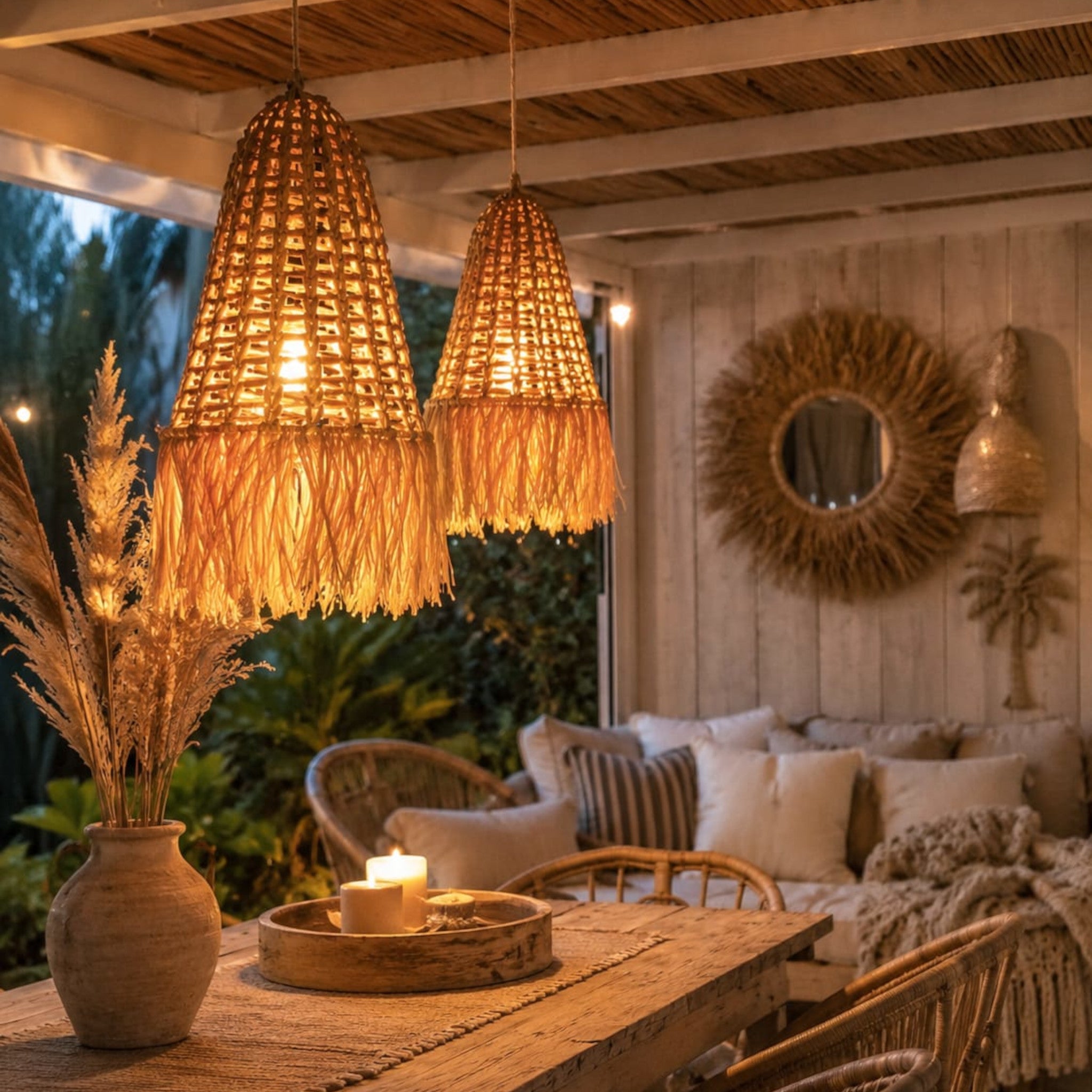 Boho Lampenkap Waterhyacint met Raffia Rand - Handgemaakt Bali - Naturel