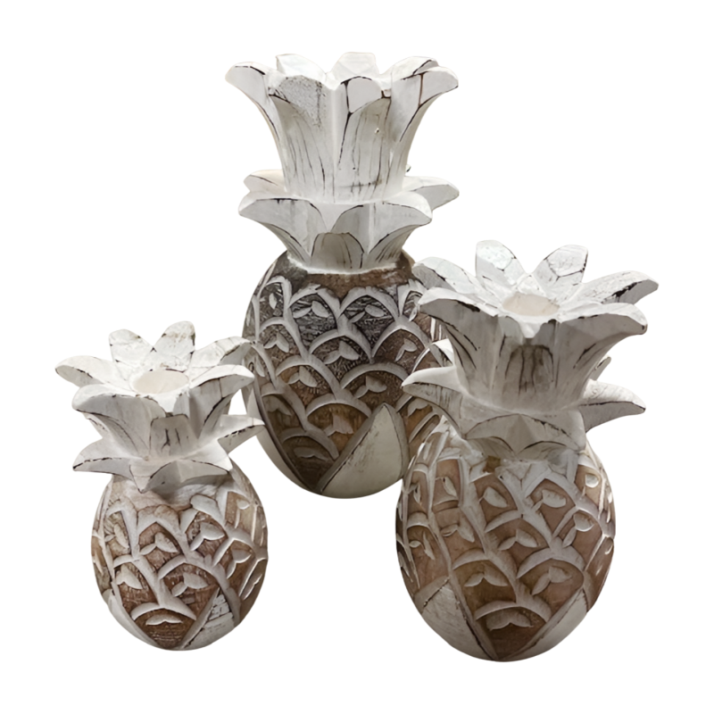 Pineapple Kandelaar Set - Handgemaakt Bali Craft - Wit & Naturel - S / M / L