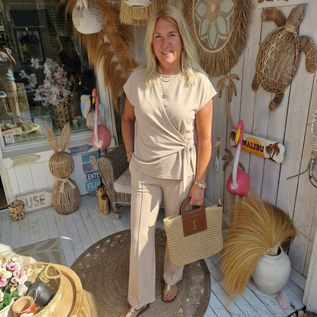 Lieve Twinset – Beige Pak met Knoopdetail Top en Wijde Broek