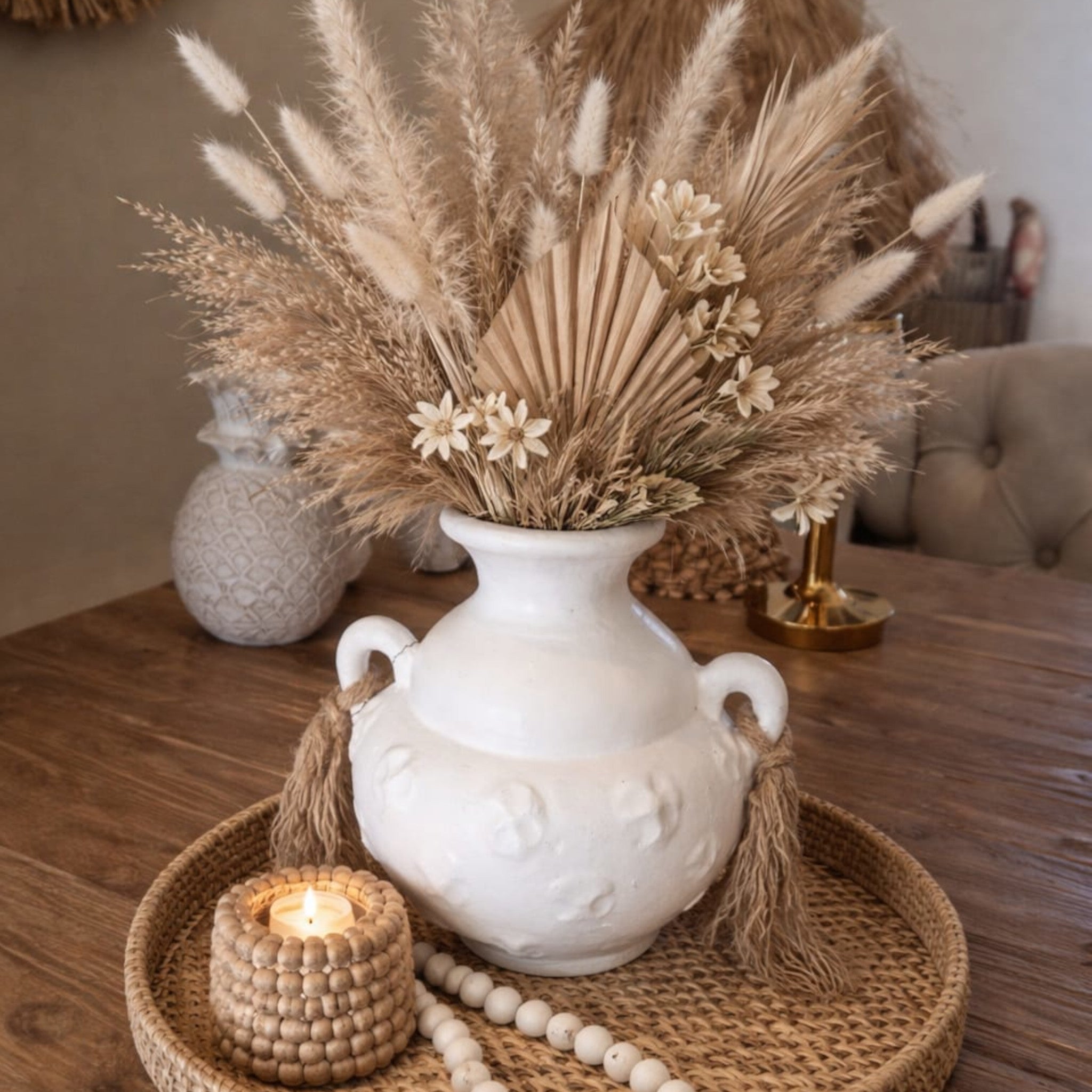 Bohemian Witte Keramiek Vaas met Touwaccent - Ibiza Style - 22cm